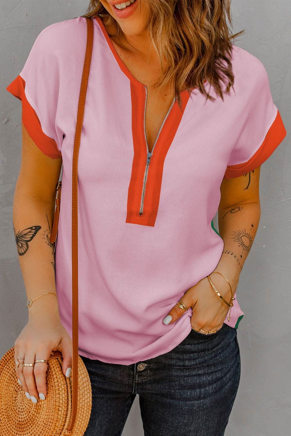 Rose Red Contrast Trim Color Block Front Zipped T Shirt - Love Salve